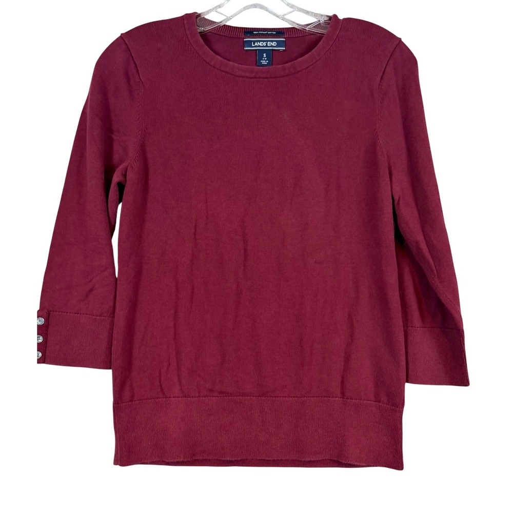Lands End Womens Burgundy Supima Cotton 3/4 Sleeve Button Cuff Sweater Small 6-8